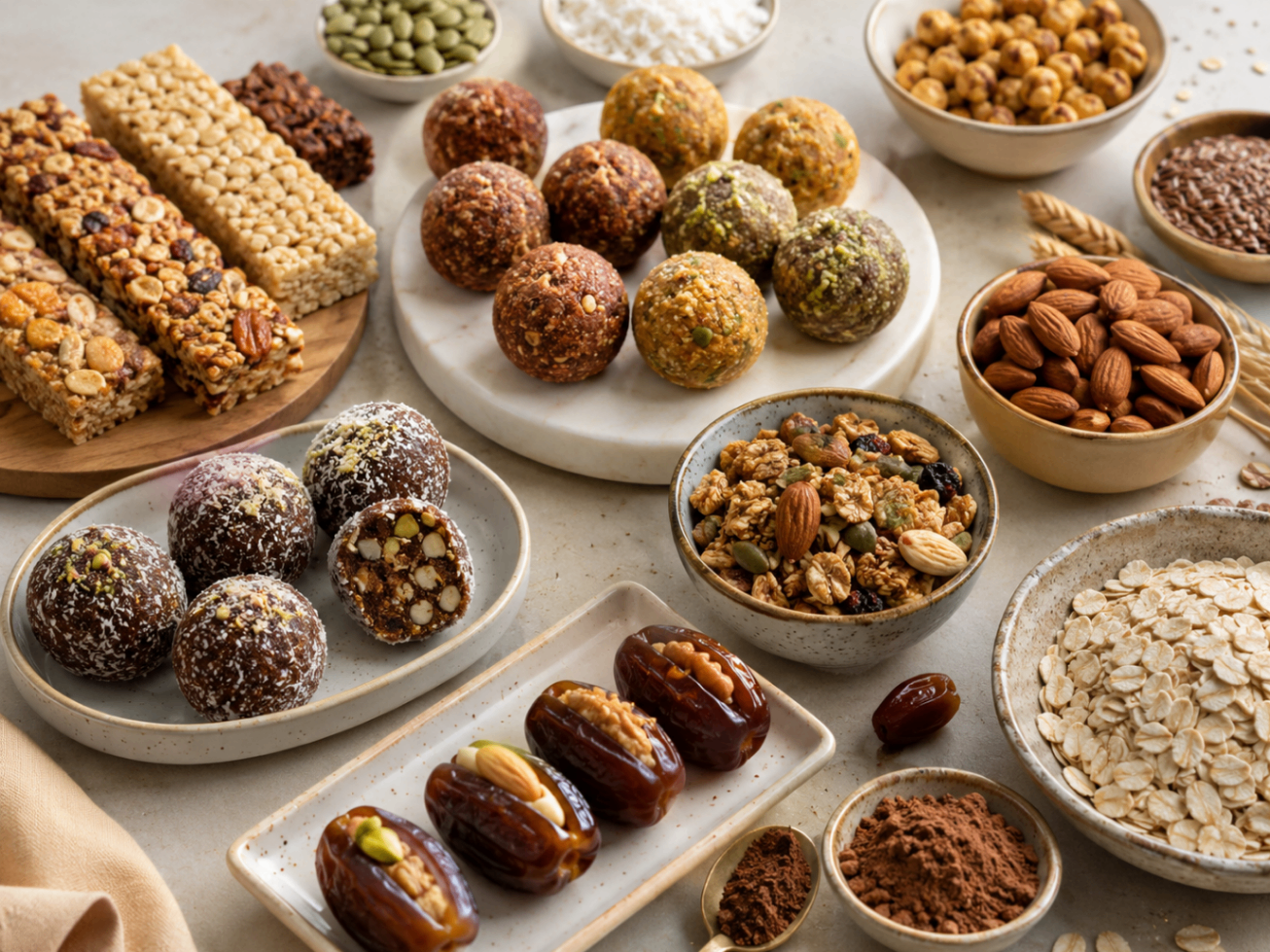 Hyper-realistic assortment of premium Indian snack products by Rochiram Foods