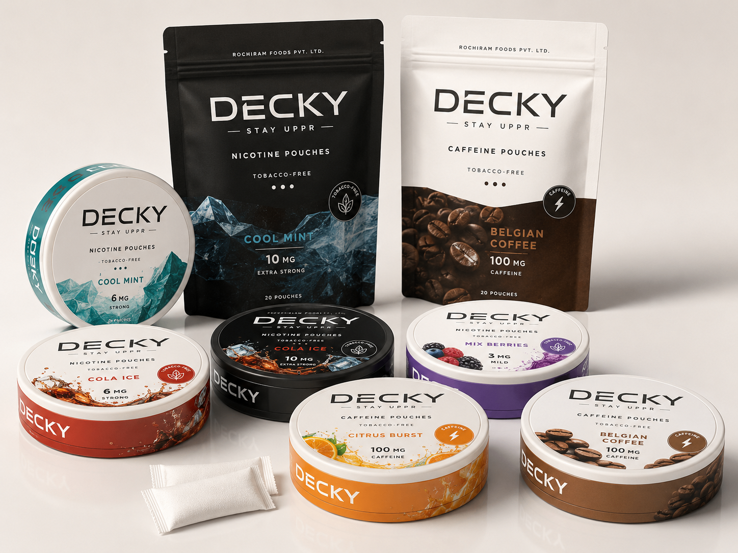 Decky nicotine and caffeine pouch range by Rochiram Foods Pvt. Ltd.