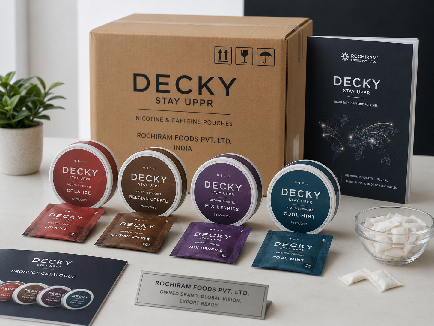 Decky export-ready nicotine and caffeine pouch display with cartons and catalogues